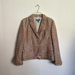 Escada Silk Tweed Blazer Size 40 Fray Fringe Pink pastel Chevron Medium